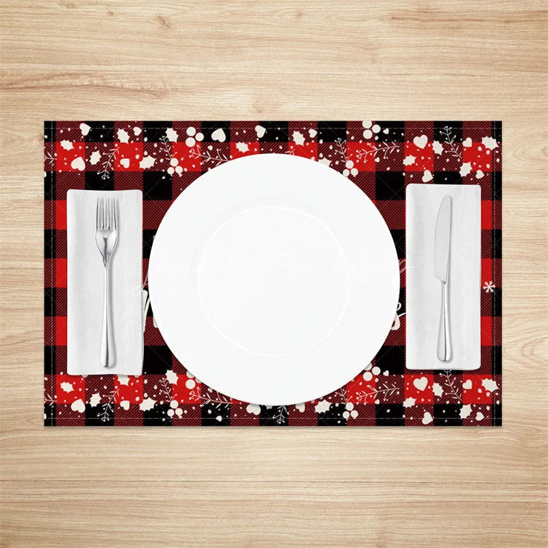 Lofaris Christmas Set of 4 Placemats Red Buffalo Plaid with White Tree Merry Farmhouse Table Mats