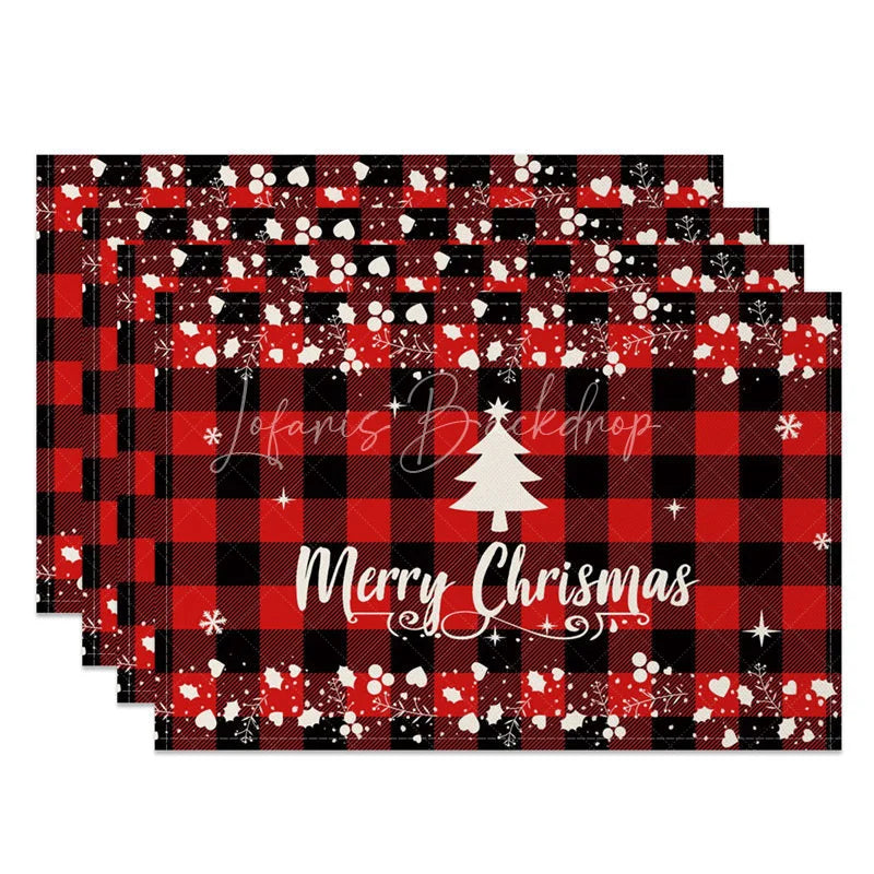 Lofaris Christmas Set of 4 Placemats Red Buffalo Plaid with White Tree Merry Farmhouse Table Mats