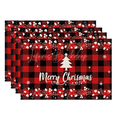 Lofaris Christmas Set of 4 Placemats Red Buffalo Plaid with White Tree Merry Farmhouse Table Mats