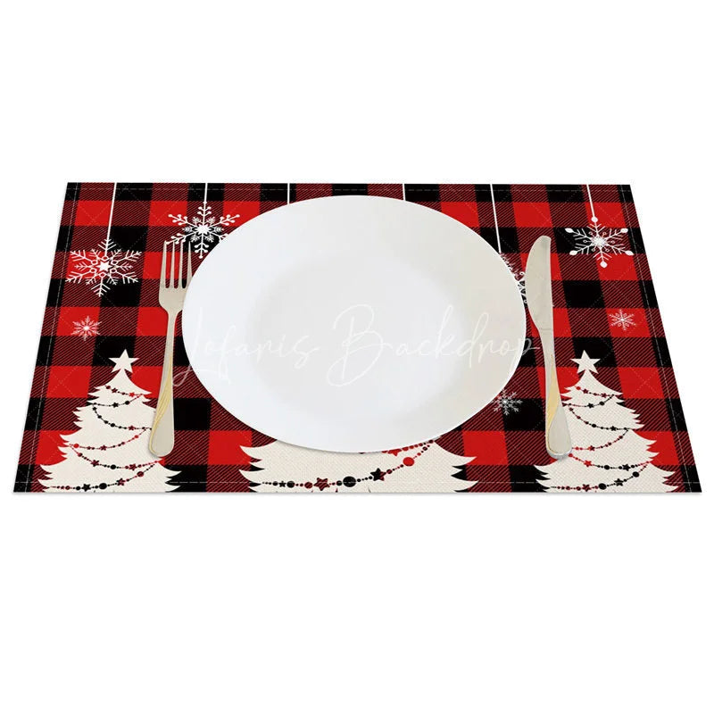 Lofaris Christmas Set of 4 Placemats Red Buffalo Plaid with White Trees Hanging Snowflakes Holiday Table Mats