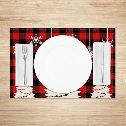 Lofaris Christmas Set of 4 Placemats Red Buffalo Plaid with White Trees Hanging Snowflakes Holiday Table Mats