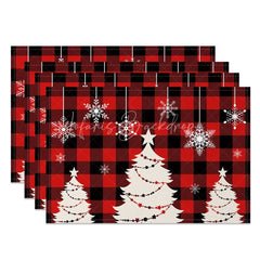 Lofaris Christmas Set of 4 Placemats Red Buffalo Plaid with White Trees Hanging Snowflakes Holiday Table Mats