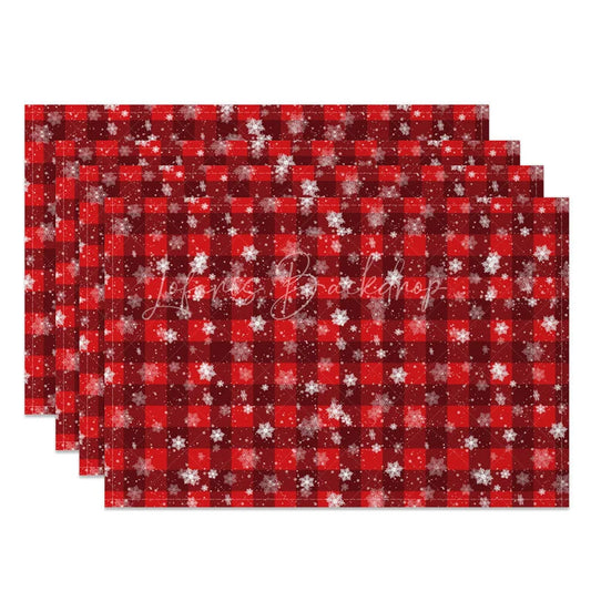 Lofaris Christmas Set of 4 Placemats Red Plaid Check with Snowflakes Rustic Farmhouse Winter Table Mats