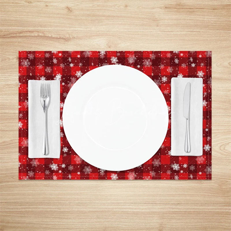 Lofaris Christmas Set of 4 Placemats Red Plaid Check with Snowflakes Rustic Farmhouse Winter Table Mats