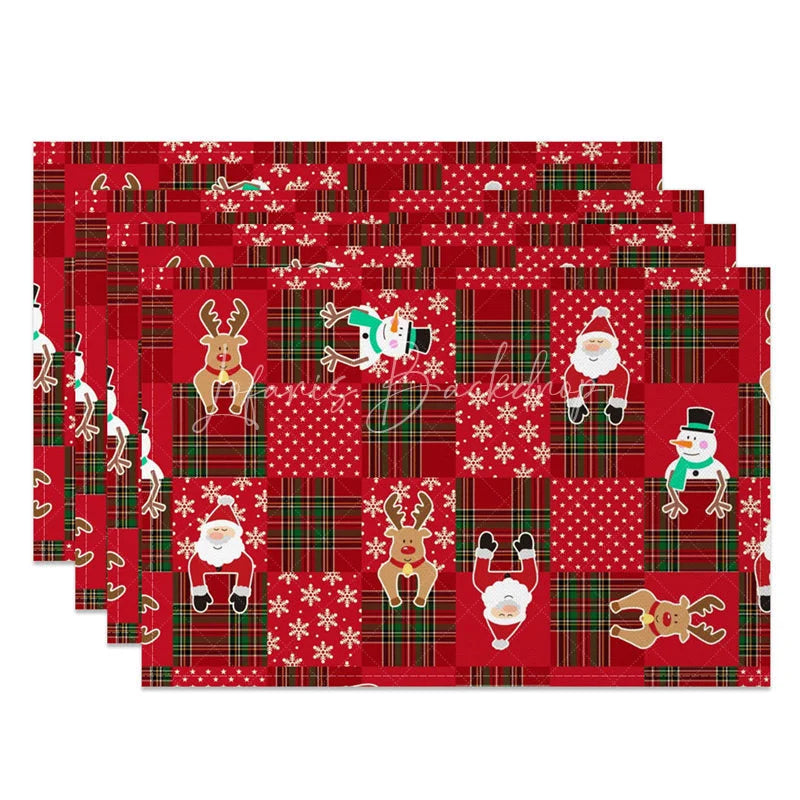 Lofaris Christmas Set of 4 Placemats Red Plaid Patchwork with Santa Reindeer Festive Holiday Table Mats Decor