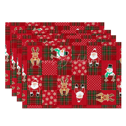 Lofaris Christmas Set of 4 Placemats Red Plaid Patchwork with Santa Reindeer Festive Holiday Table Mats Decor