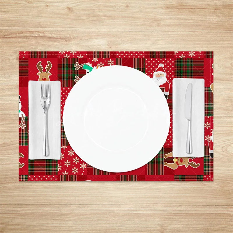 Lofaris Christmas Set of 4 Placemats Red Plaid Patchwork with Santa Reindeer Festive Holiday Table Mats Decor
