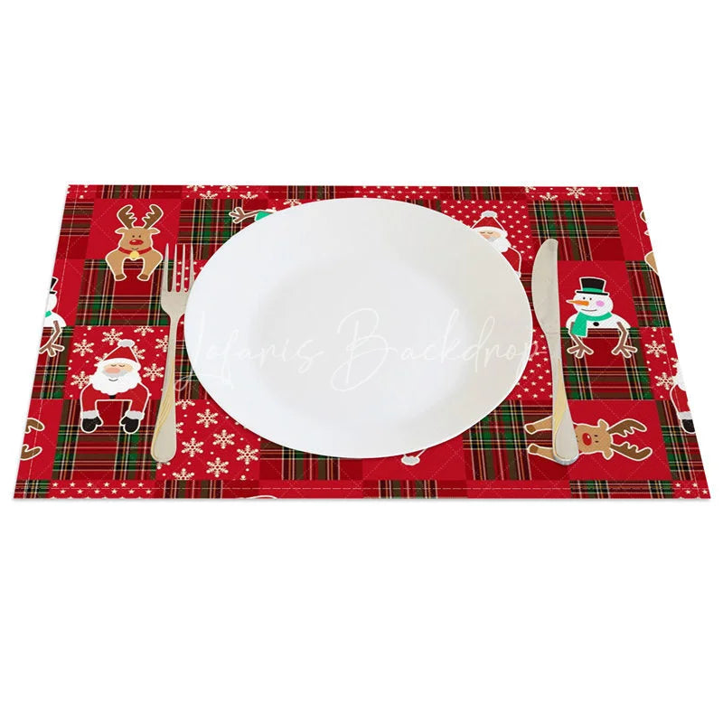 Lofaris Christmas Set of 4 Placemats Red Plaid Patchwork with Santa Reindeer Festive Holiday Table Mats Decor