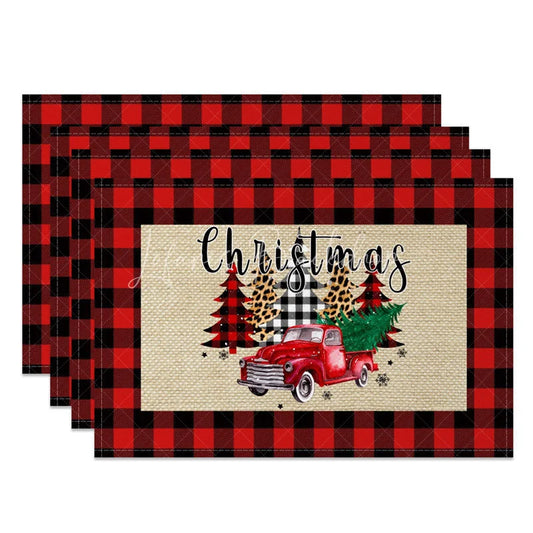 Lofaris Christmas Set of 4 Placemats Red Truck with Trees on Burlap Buffalo Plaid Check Border Table Mats