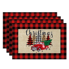 Lofaris Christmas Set of 4 Placemats Red Truck with Trees on Burlap Buffalo Plaid Check Border Table Mats