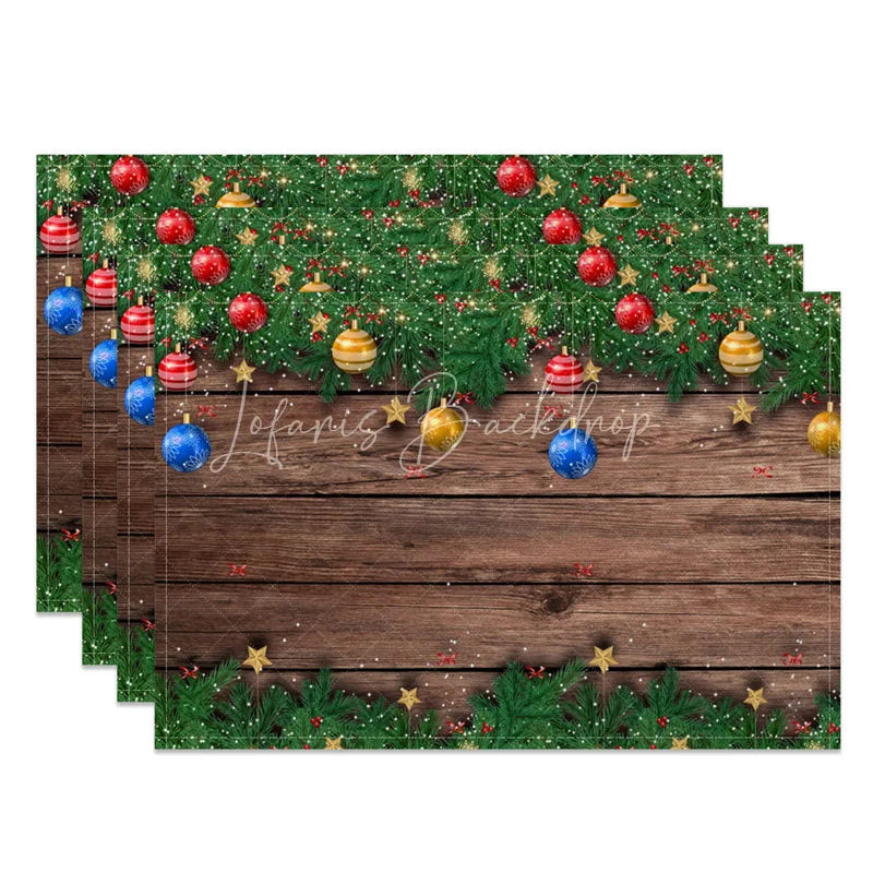 Lofaris Christmas Set of 4 Placemats Rustic Wood with Ornaments Xmas Garland Holiday Table Mats Decor