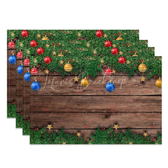 Lofaris Christmas Set of 4 Placemats Rustic Wood with Ornaments Xmas Garland Holiday Table Mats Decor