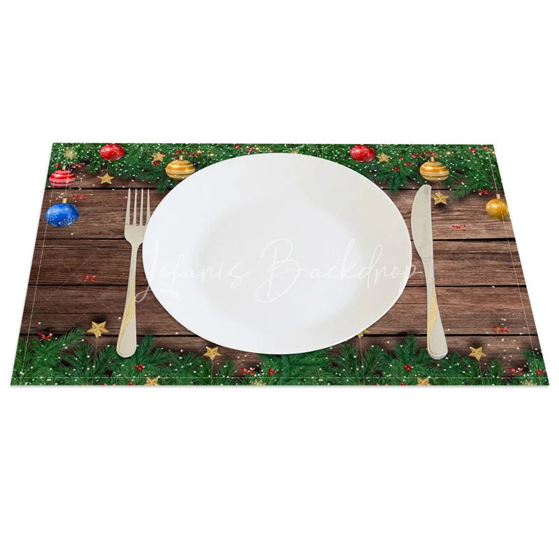 Lofaris Christmas Set of 4 Placemats Rustic Wood with Ornaments Xmas Garland Holiday Table Mats Decor