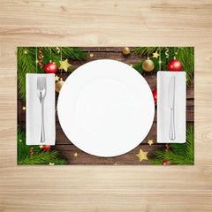Lofaris Christmas Set of 4 Placemats Rustic Wood with Pine Garland Ornaments and Stars Holiday Table Mats