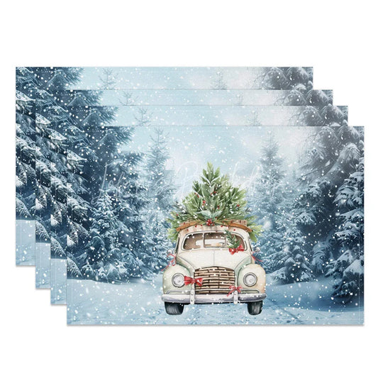 Lofaris Christmas Set of 4 Placemats Vintage Car with Tree Snowy Winter Forest Watercolor Table Mats