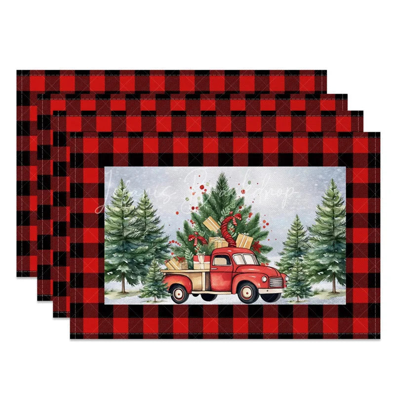 Lofaris Christmas Set of 4 Placemats Vintage Red Truck with Gifts Buffalo Plaid Border Table Mats