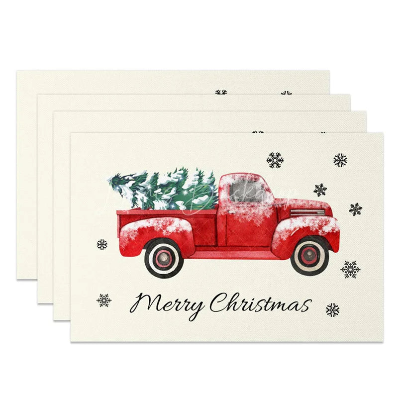 Lofaris Christmas Set of 4 Placemats Vintage Red Truck with Tree Farmhouse Merry Table Mats