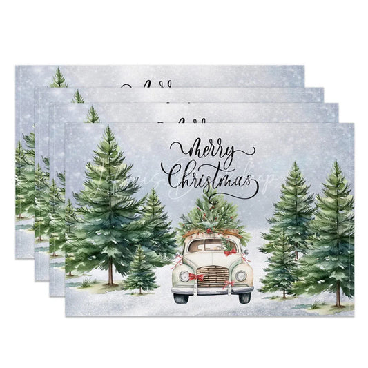 Lofaris Christmas Set of 4 Placemats Vintage White Truck with Tree Snowy Pine Forest Watercolor Table Mats
