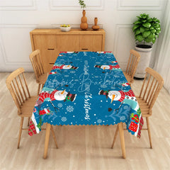 Lofaris Christmas Snowman Rectangle Tablecloth Blue with Merry Text Snowflake Holiday Table Cover