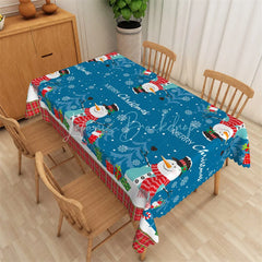 Lofaris Christmas Snowman Rectangle Tablecloth Blue with Merry Text Snowflake Holiday Table Cover