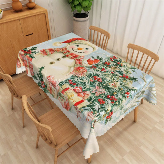Lofaris Christmas Snowman Rectangle Tablecloth Holiday Scene with Gifts Red Berries Winter Table Cover Decor