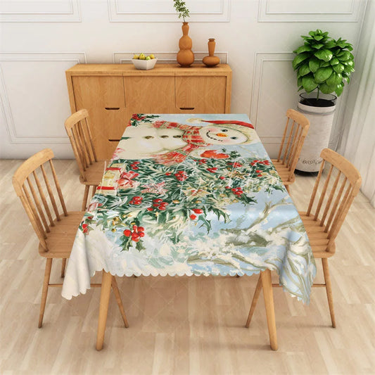 Lofaris Christmas Snowman Rectangle Tablecloth Holiday Scene with Gifts Red Berries Winter Table Cover Decor