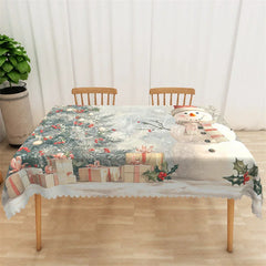 Lofaris Christmas Snowman Rectangle Tablecloth Winter Scene with Pine Trees Holiday Gifts Table Cover Decor