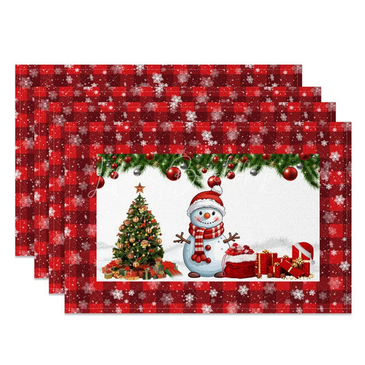 Lofaris Christmas Snowman Set of 4 Placemats Red Plaid Snowflake Border Winter Holiday Table Mats