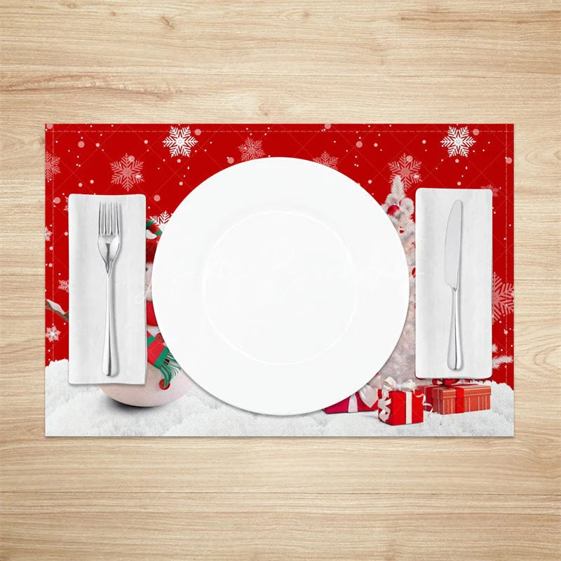 Lofaris Christmas Snowman Set of 4 Placemats Red Snowflake with White Xmas Tree Winter Holiday Table Mats Decor