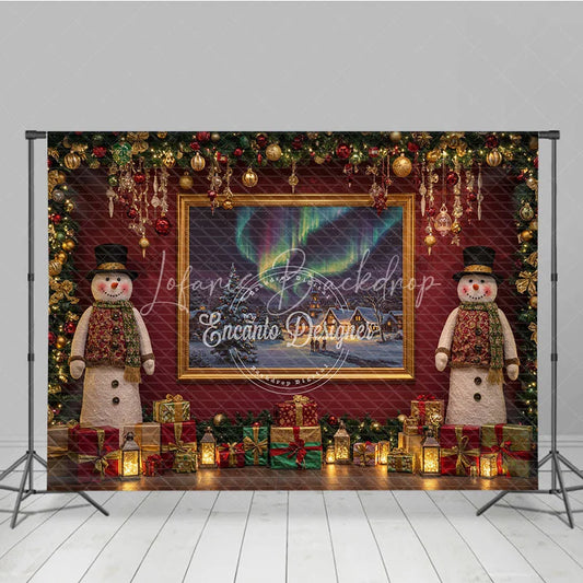 Lofaris Christmas Snowman with Northern Lights Photography Backdrop Elegant Red Wall Holiday Mini Session Background