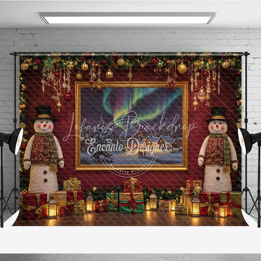 Lofaris Christmas Snowman with Northern Lights Photography Backdrop Elegant Red Wall Holiday Mini Session Background