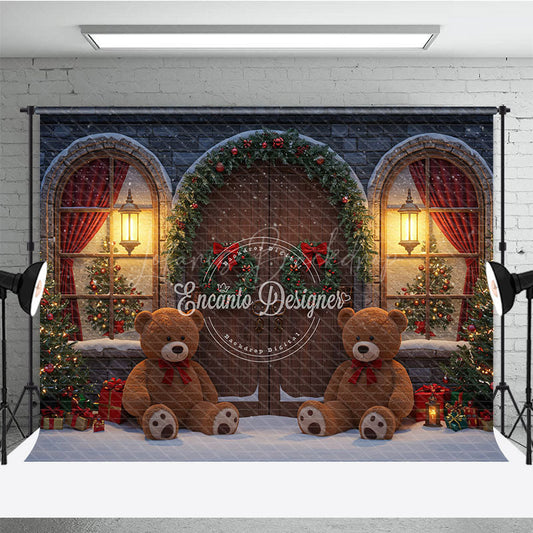 Lofaris Christmas Stone House Photography Backdrop Rustic Arched Door with Teddy Bears Snowy Holiday Photo Background