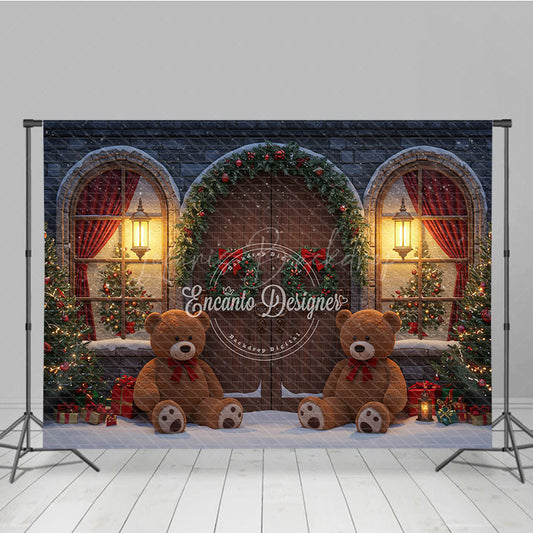 Lofaris Christmas Stone House Photography Backdrop Rustic Arched Door with Teddy Bears Snowy Holiday Photo Background