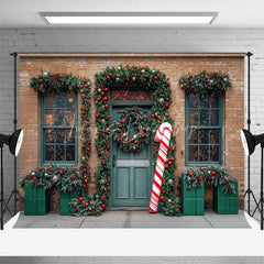 Lofaris Christmas Storefront Backdrop Brick Wall with Giant Candy Cane Green Door Wreaths Holiday Photo Props