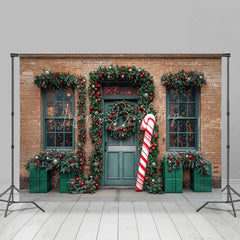 Lofaris Christmas Storefront Backdrop Brick Wall with Giant Candy Cane Green Door Wreaths Holiday Photo Props