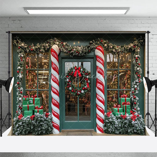 Lofaris Christmas Storefront Backdrop Candy Cane Wreath Shop Window Background Winter Snow Toy Store Holiday Party Decoration