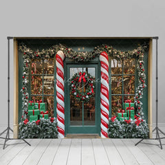 Lofaris Christmas Storefront Backdrop Candy Cane Wreath Shop Window Background Winter Snow Toy Store Holiday Party Decoration