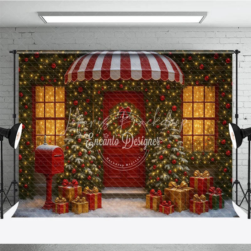 Lofaris Christmas Storefront Photography Backdrop Festive Red Door with Fairy Lights Snowy Holiday Photo Background