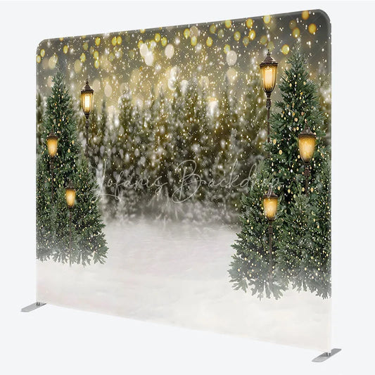 Lofaris Christmas Street Lamp Tension Fabric Backdrop Winter Night Snow Bokeh Background Holiday Pine Tree Decoration