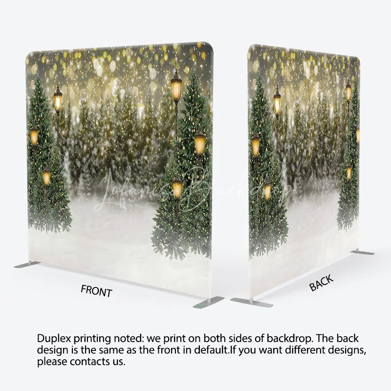 Lofaris Christmas Street Lamp Tension Fabric Backdrop Winter Night Snow Bokeh Background Holiday Pine Tree Decoration