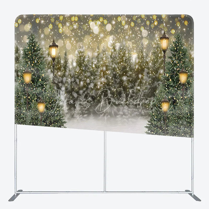 Lofaris Christmas Street Lamp Tension Fabric Backdrop Winter Night Snow Bokeh Background Holiday Pine Tree Decoration