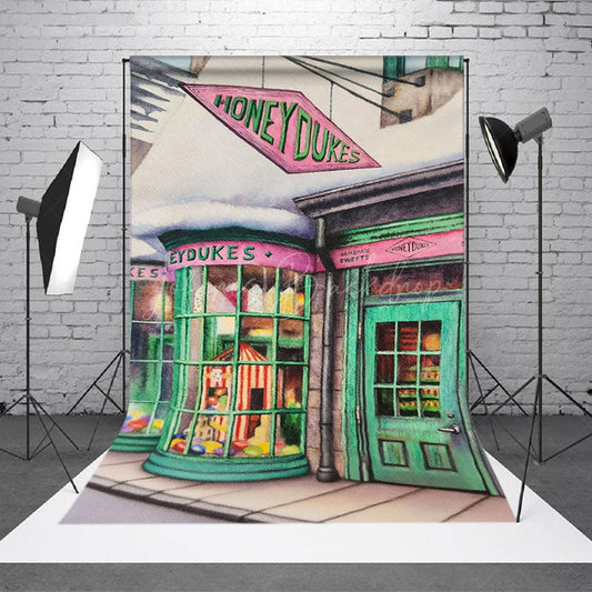 Lofaris Christmas Sweet Shop Photography Backdrop Magical Candy Store in a Snowy Village Fantasy Wizard Themed Decor