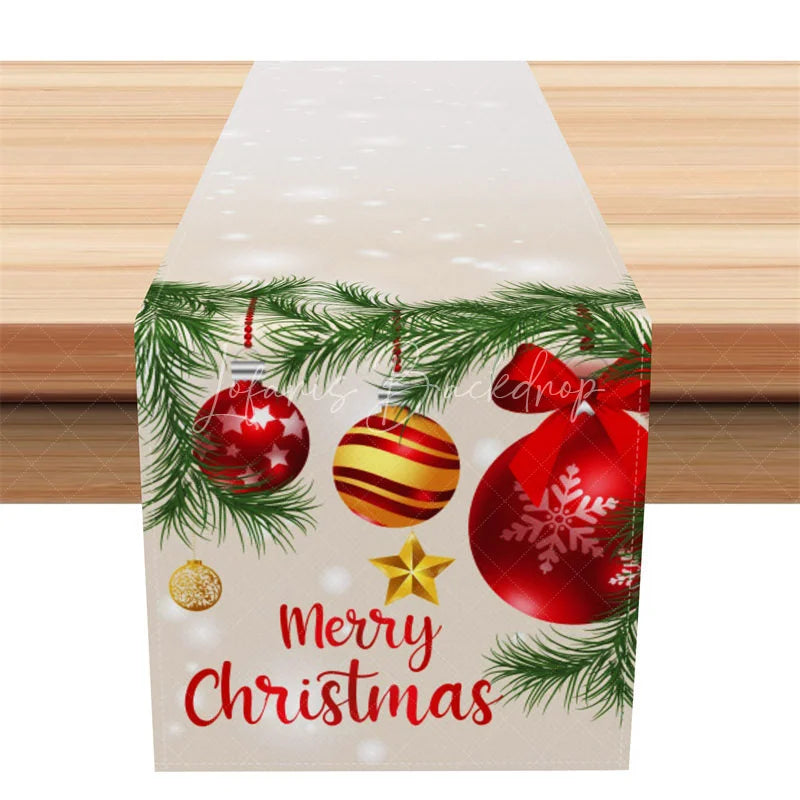 Lofaris Christmas Table Runner Beige with Red Ornaments Merry Holiday Decor