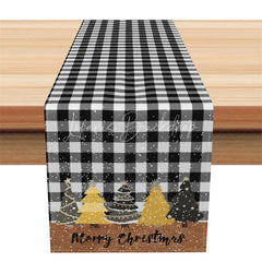 Lofaris Christmas Table Runner Black and White Buffalo Plaid Gold Trees Farmhouse Holiday Decor