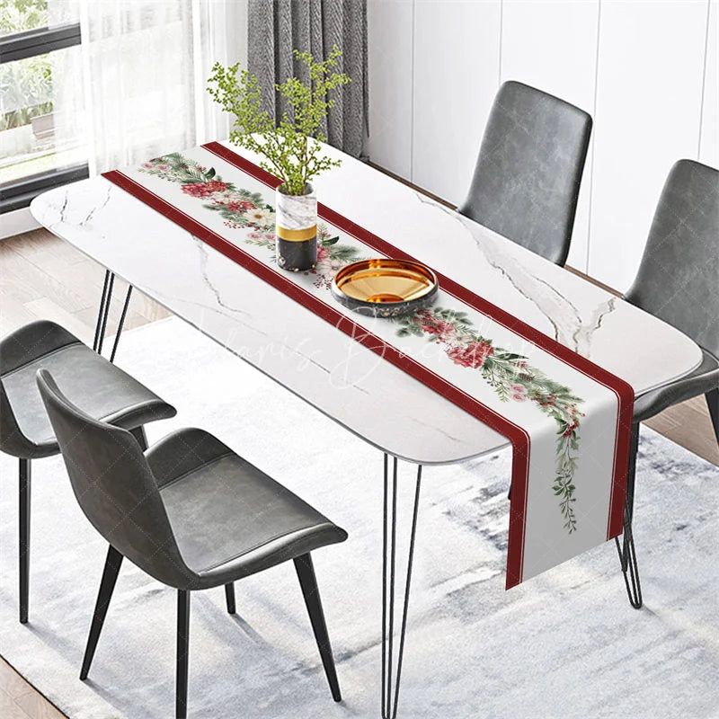 Lofaris Christmas Table Runner White with Poinsettia Garland Red Border Elegant Holiday Decor