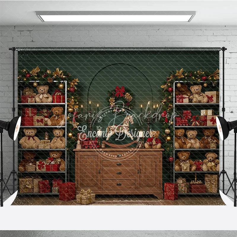 Lofaris Christmas Teddy Bear Toy Shop Photography Backdrop Vintage Cabinet with Garland Holiday Mini Session Background