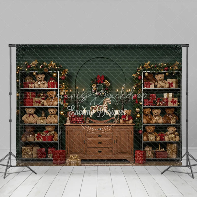 Lofaris Christmas Teddy Bear Toy Shop Photography Backdrop Vintage Cabinet with Garland Holiday Mini Session Background