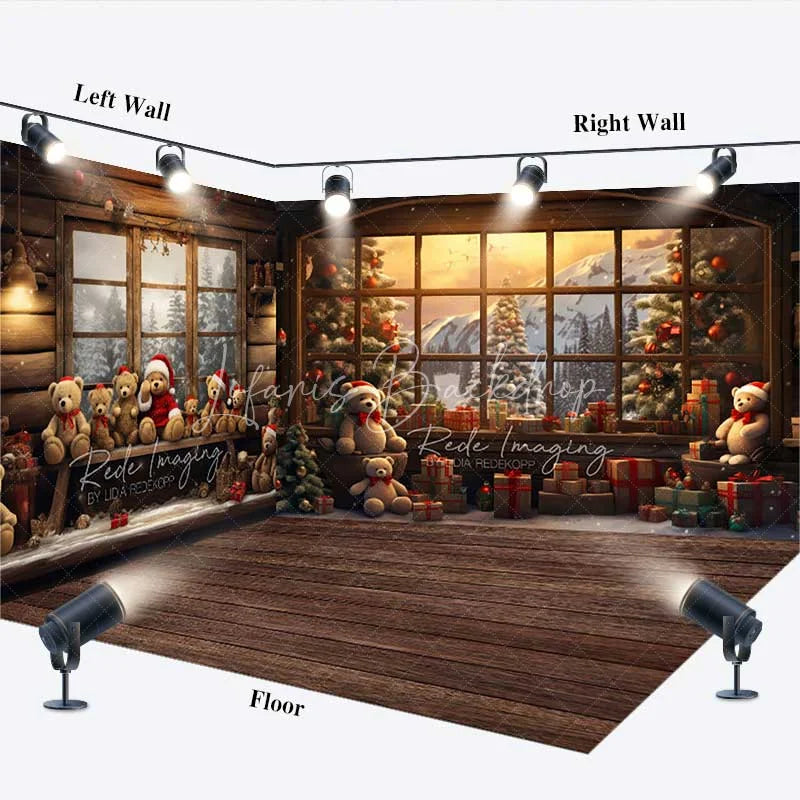 Lofaris Christmas Teddy Bear Window Room Set Backdrop Winter Cozy Cabin Snow Mountain Wood Floor Prop