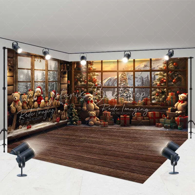 Lofaris Christmas Teddy Bear Window Room Set Backdrop Winter Cozy Cabin Snow Mountain Wood Floor Prop