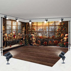 Lofaris Christmas Teddy Bear Window Room Set Backdrop Winter Cozy Cabin Snow Mountain Wood Floor Prop